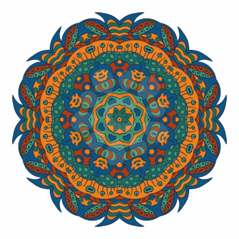 Mandala. Doodle drawing. Round ornament. Blue, green and mustard colors