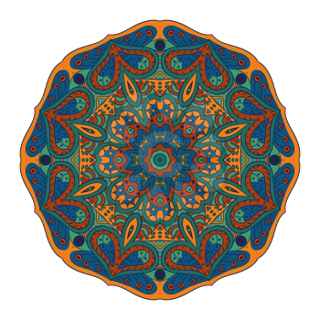 Mandala. Doodle drawing. Round zentangl ornament. Blue, green and mustard colors