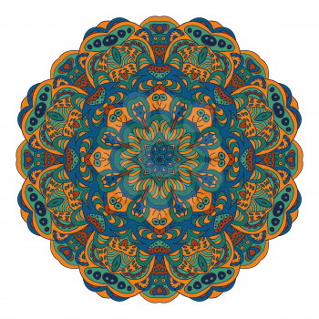Mandala Eastern pattern. Zentangl round ornament. Orange, blue and green tones