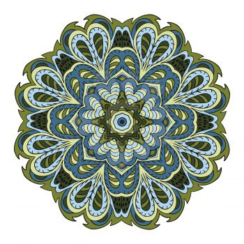 Mandala flower zentangl. Doodle drawing. Round ornament. Olive and blue colors