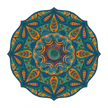 Mandala pattern. Doodle drawing. Round ornament. Blue, green and mustard colors