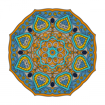 Mandala zentangl. Doodle drawing. Round ornament. Blue, gray and mustard