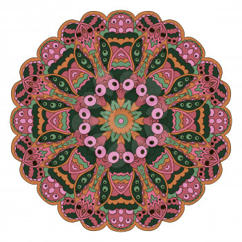 Mandala. Zentangl round ornament. Relax. Oriental pattern. Pink, green color
