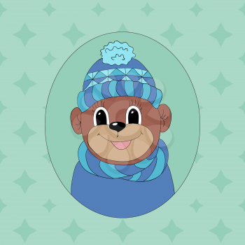Monkey in a blue cap and scarf. Print for clothes, cards and children's books