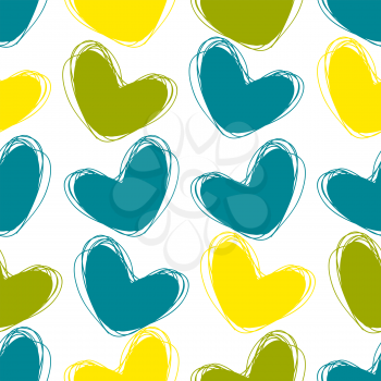 Cute doodle seamless pattern. Heart hand drawings. Background for creativity. Blue, green, yellow