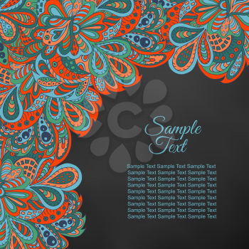 doodle floral ethnic card red and marine for black background