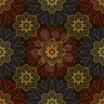 Doodle seamless image. Mandala, circular patterns. Yellow, blue and red on black. Hand drawing