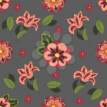 Gray Seamless pattern with spring flowers. Cover, background. Red and green colors