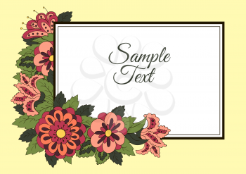 Horizontal card. Cover for the book album. Background for inscriptions. Doodle flowers. Yellow background