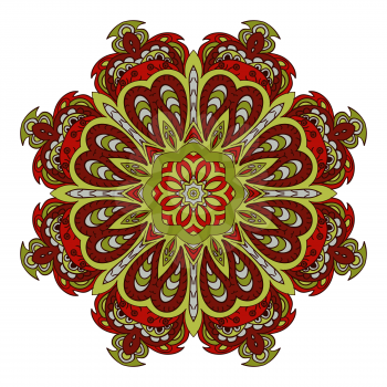 Mandala doodle drawing. Colorful floral round ornament. Ethnic motives. Zentangl Hearts. Design, yoga, meditation. Red and green