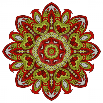Mandala doodle drawing. Colorful floral round ornament. Ethnic motives. Zentangl Hearts. Red and green tones