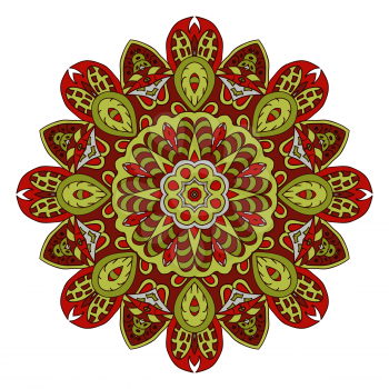 Mandala doodle drawing. Colorful floral round ornament. Ethnic solar Arabic motifs. Zentangle. Red and green