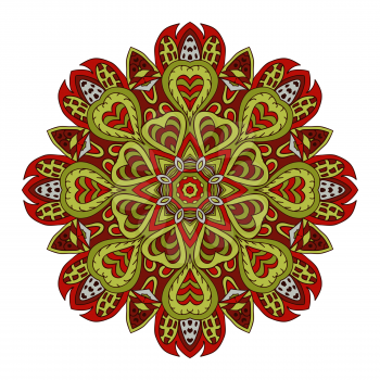 Mandala doodle drawing. Colorful round ornament. Ethnic motives. Zentangl Hearts. Red and green tones