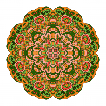 Mandala Eastern pattern. Zentangl round ornament. Orange, pink and green colors