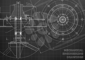 Mechanical engineering drawings. Vector black background. Grid