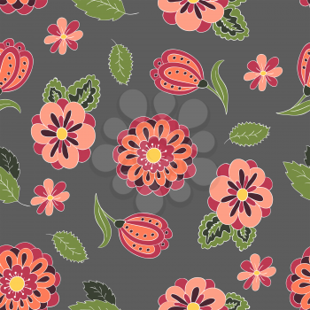 Seamless pattern with spring flowers. Cover, background. Gray, White, Red and green colors