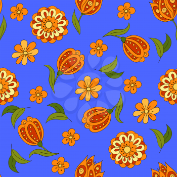 Seamless pattern with spring flowers. Cover, background. Orange and green colors. Dark blue pattern