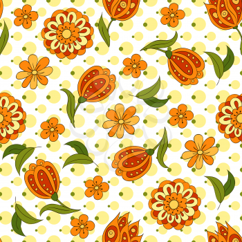 Seamless pattern with spring flowers. Cover, background. Orange and green colors. Green and yellow spots