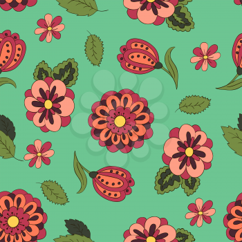 Seamless pattern with spring flowers. Cover, background. Red and green
