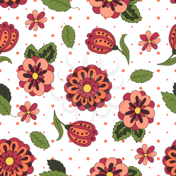 Seamless pattern with spring flowers. Cover, background. Red and green colors. Spots