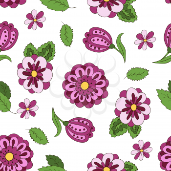Seamless pattern with spring flowers. Cover, background. Violet and green colors