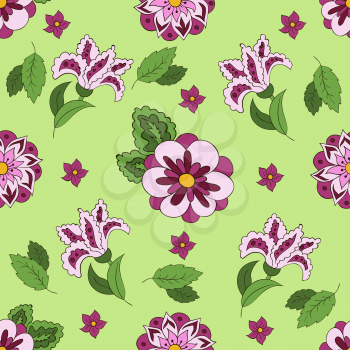 Seamless pattern with spring flowers. Cover, background. Violet and green colors. Fresh green pattern