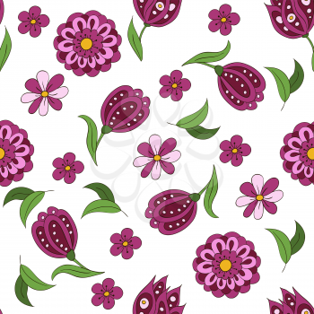 Seamless pattern with spring flowers. Cover, background. Violet and green colors. White