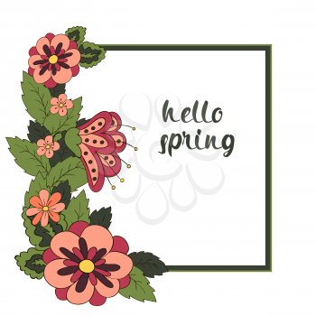 Spring postcard, cover, bright background for inscriptions. Hello Spring. Pattern in green, red tones