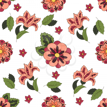 White Seamless pattern with spring flowers. Cover, background. Red and green colors