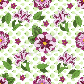 White Seamless pattern with spring flowers. Cover, background. Violet and green colors. Green spots