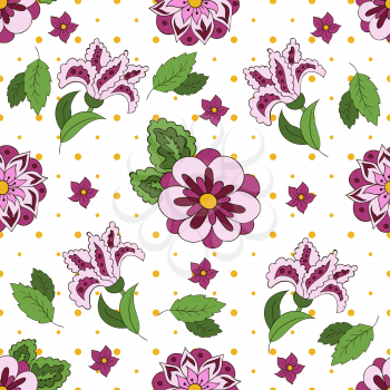 White Seamless pattern with spring flowers. Cover, background. Violet and green colors. Spots