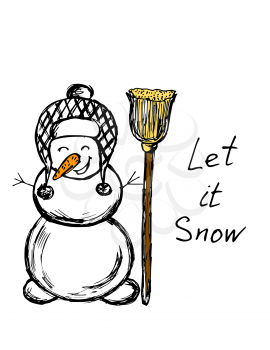 Let it snow. Snowman with a broom. Winter illustration. Children's drawings