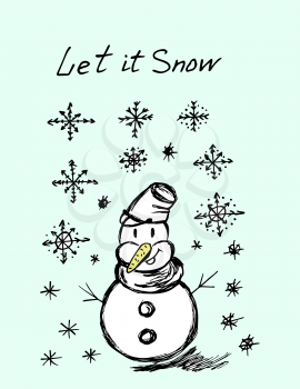 Snowman. It's snowing. Snowflakes. Winter illustration. Hand drawing. Doodle image