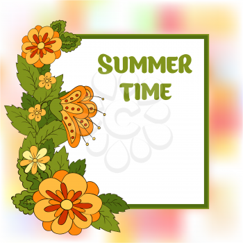 Summer postcard, cover, bright background for inscriptions. Summer. Pattern in green, orange tones. Colourful summer