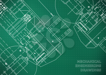 Mechanical Engineering drawing. Blueprints. Mechanics. Cover, background for your design. Light green. Points