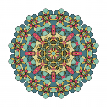 Oriental pattern. Traditional round ornament. Mandala. Flowers. Doodle drawing. Blue, yellow and pink