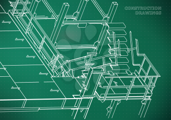 Building. Metal constructions. Volumetric constructions. 3D design. Abstract background. Light green. Points