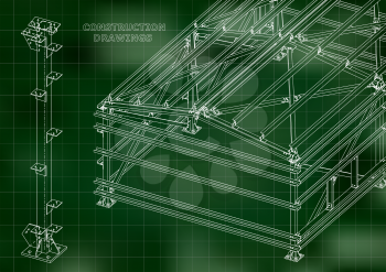 Building. Metal constructions. Volumetric constructions. 3D design. Abstract Cover, banner. Green. Grid