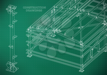 Building. Metal constructions. Volumetric constructions. 3D design. Abstract Cover, banner. Light green. Points