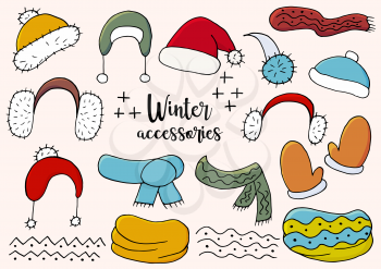 Winter accessories. Winter season elements for your design. A collection of hats, scarves, snoods, mittens, isolated and grouped. Light and shadow