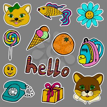 A set of fashion labels, badges. Cat, cougar, fish, flower, camomile, candy, ice cream, orange, backpack, hello, smiley, gift, old phone. Stickers, pins