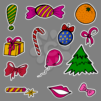 A set of fashion labels, badges for the New Year holidays. Christmas tree, gift, toys, candy, crackers. Every object on a separate layer. Stickers, pins, patches