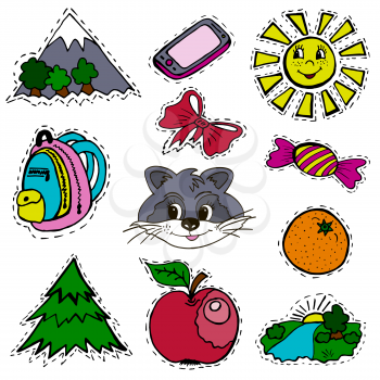 A set of fashion labels, badges. Mountains, sun, bow, candy, raccoon, backpack, fir, orange, apple, river. Vector figures on a white background. The images on separate layers. Stickers, pins cartoon and comic style