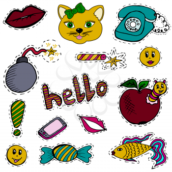 A set of fashion labels, badges. Old phone, lips, cat, bomb, firecracker, smiles, greetings, apple, caterpillar, sweet, fish, mobile phone, exclamation mark. Vector figures on a white background, on separate layers