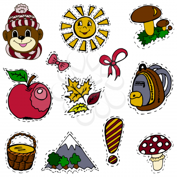 A set of fashion labels, badges. The exclamation point, monkey, mushrooms, mushroom, pottle, mountain, apple, autumn leaves, bows, sun, backpack. Vector figures on a white background, on separate layers. Stickers, pin