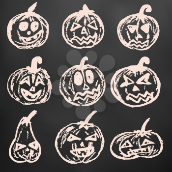 Halloween. A set of festive pumpkins. White chalk on a black board. A collection of funny faces. Autumn holidays. Fun, children, traditions