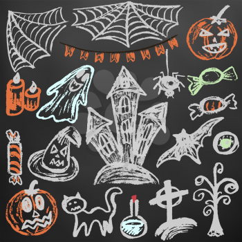 Halloween. A set of funny objects. Color chalk on a blackboard. Collection of festive elements. Autumn holidays. Pumpkin, cobweb, flags, candle, ghost, sinister castle, eye, potion, tree, candy