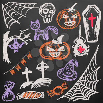 Halloween. A set of funny objects. Color chalk on a blackboard. Collection of festive elements. Autumn holidays. Pumpkin, cobweb, skull, coffin, tree, bat, cemetery, candy, spider, flags, cat, witch hat