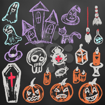 Halloween. A set of funny objects. Color chalk on a blackboard. Collection of festive elements. Autumn holidays. Pumpkin, coffin, skull, candle, spider, broom, potion, ghosts, sinister castle, cat