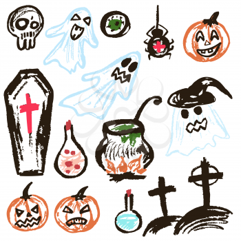 Halloween. A set of funny objects. Vector illustration. Collection of festive elements. Autumn holidays. Ghosts, pumpkins, eyes, coffin, potion, skull, spider, cemetery, cauldron